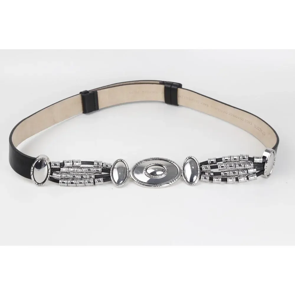 Chico’s Black Leather Southwestern Silver Concho Oval Buckle Belt Size S/M Small